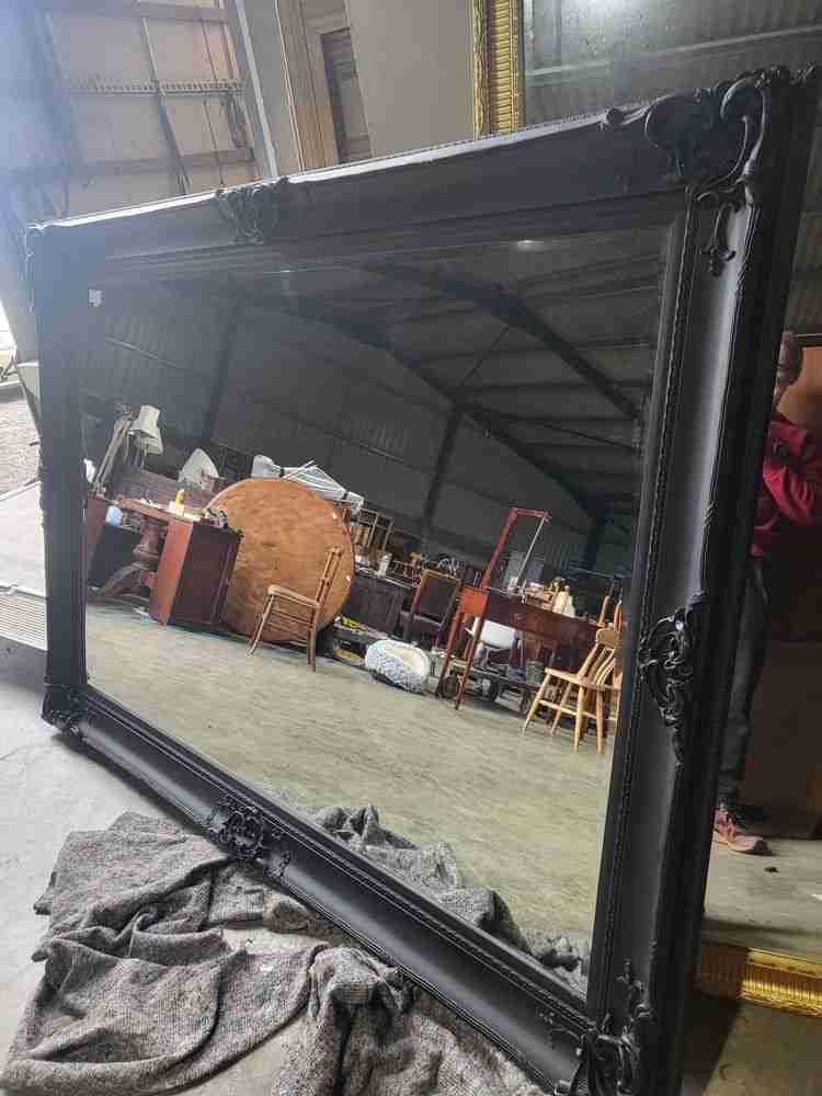 Very large antique repro black mirror 7' x 5' freestanding dressing wall