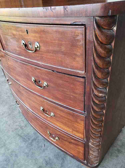 Antique Victorian bow front 2 over 3 chest of drawers rope columns