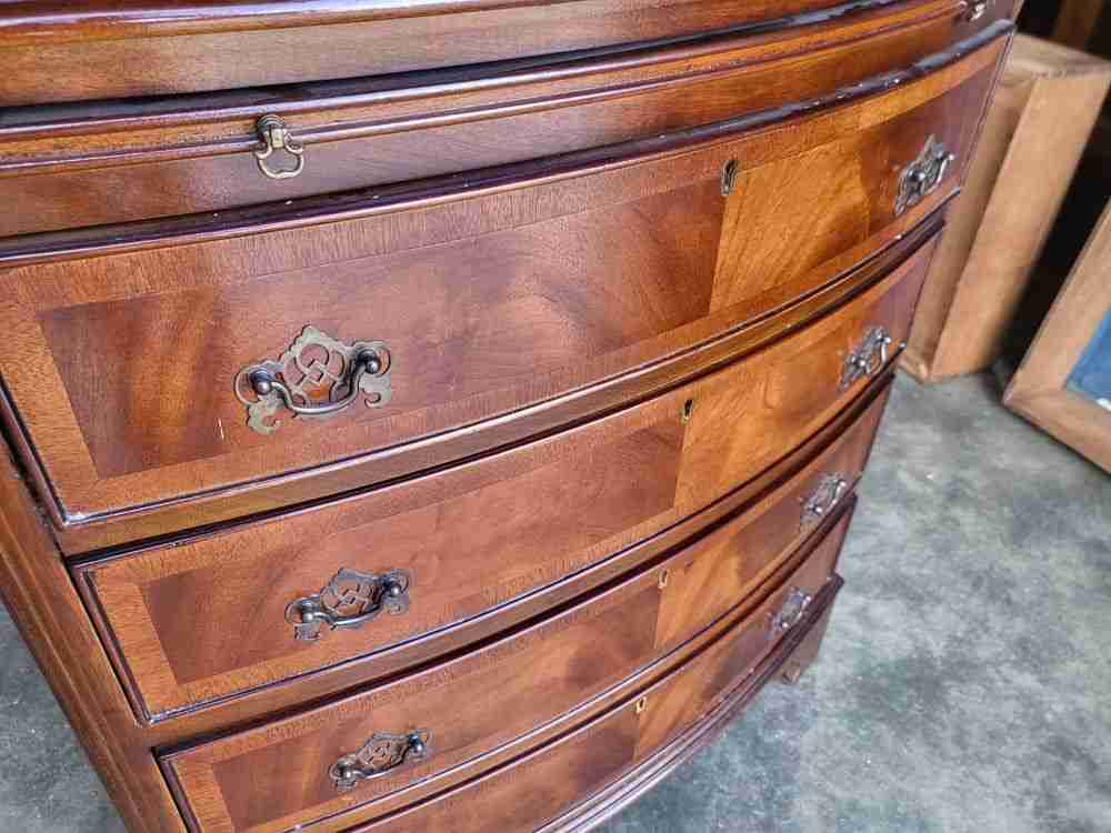 Antique repro bow front chest of drawers slide tray dressing table desk