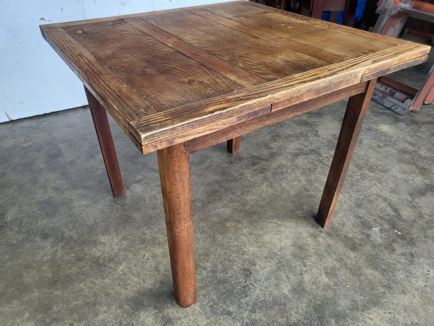 Vintage 1930's square oak extending kitchen dining table and 4 chairs