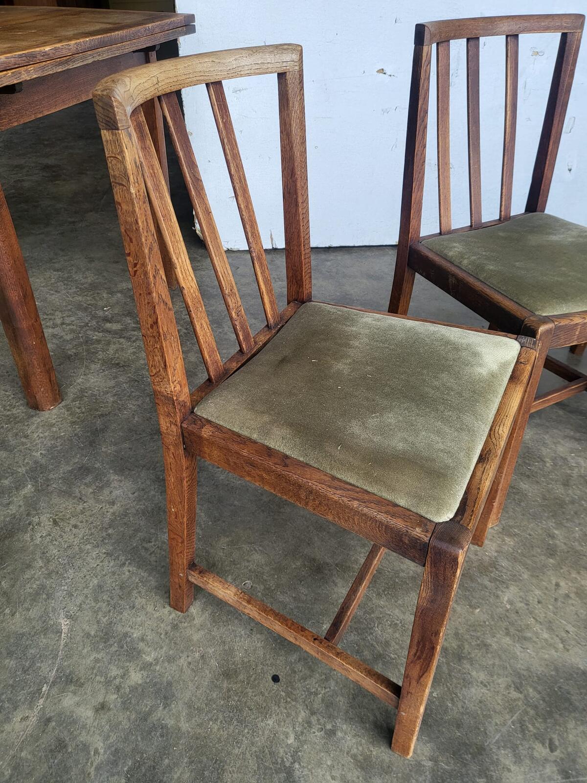 Vintage 1930's square oak extending kitchen dining table and 4 chairs