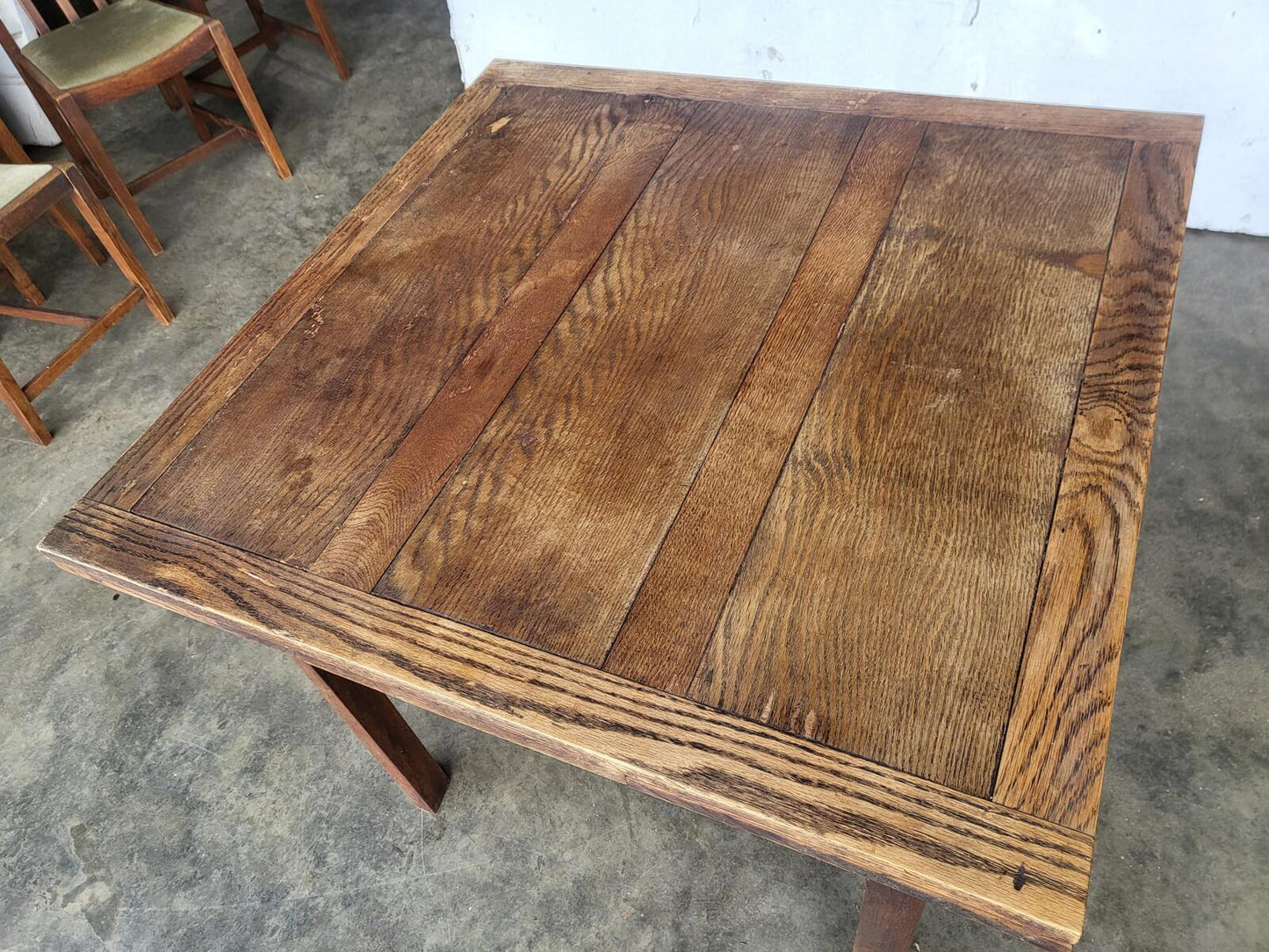 Vintage 1930's square oak extending kitchen dining table and 4 chairs