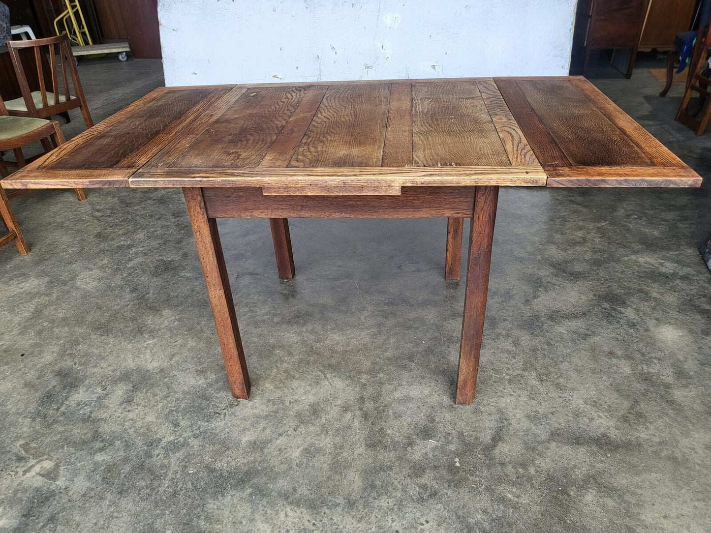 Vintage 1930's square oak extending kitchen dining table and 4 chairs