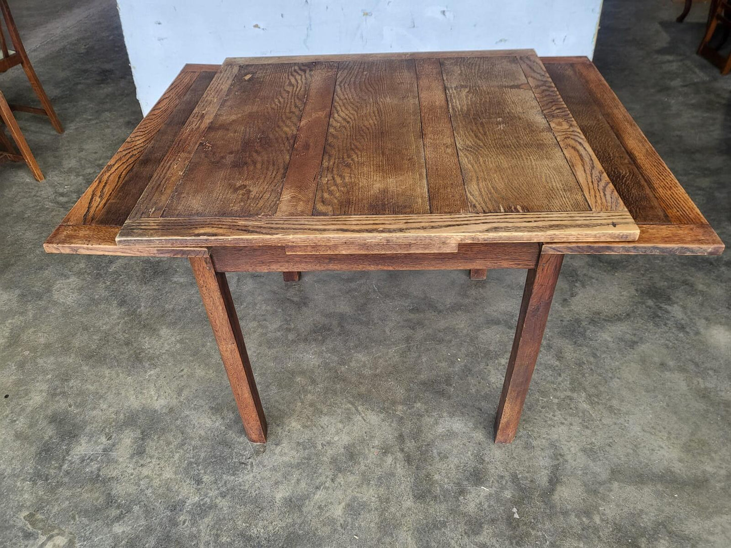 Vintage 1930's square oak extending kitchen dining table and 4 chairs
