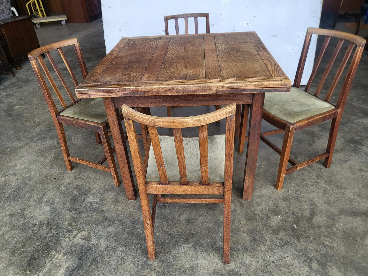 Vintage 1930's square oak extending kitchen dining table and 4 chairs