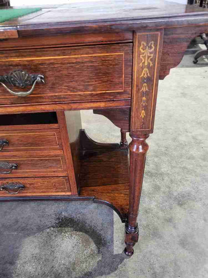 Antique Edwardian inlaid rosewood small writing desk table drawers