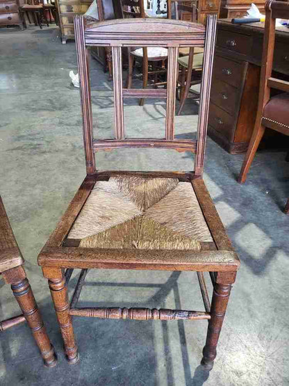 Vintage 20thC rush seat turned legs 3 x kitchen country dining chairs