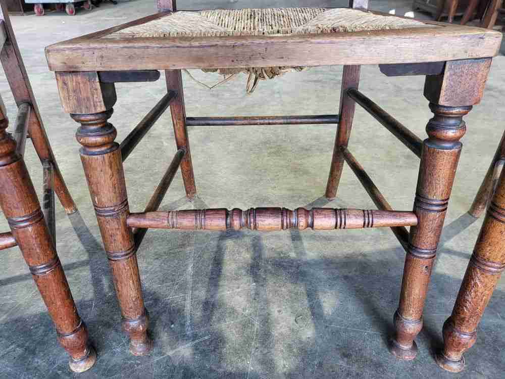 Vintage 20thC rush seat turned legs 3 x kitchen country dining chairs