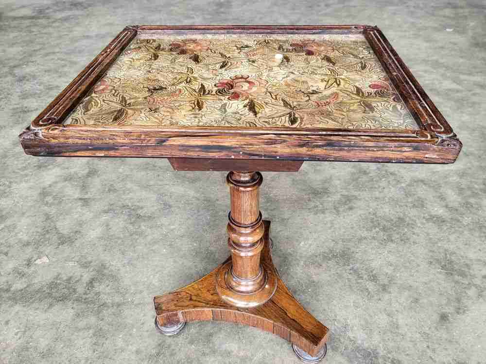 Antique Victorian embroidered tripod side end lamp table pedestal table