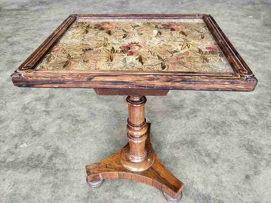 Antique Victorian embroidered tripod side end lamp table pedestal table