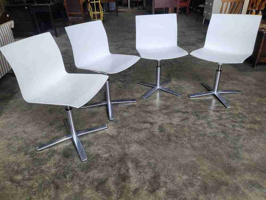 4  Vintage repro 70's style white  moulded chrome star base dining office chairs