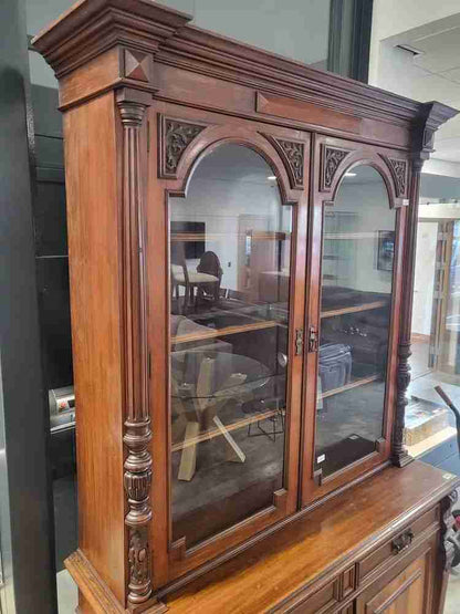 Antique Victorian large glazed bookcase cabinet cupboard drawers