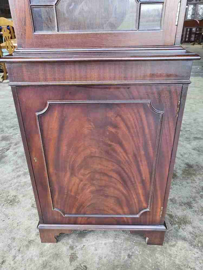Antique mahogany repro tall slim glazed bookcase cabinet shelves