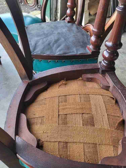 Antique Victorian 8 mixed mahogany dining chairs turned legs faux leather