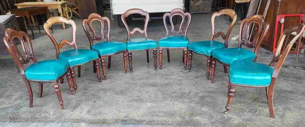 Antique Victorian 8 mixed mahogany dining chairs turned legs faux leather