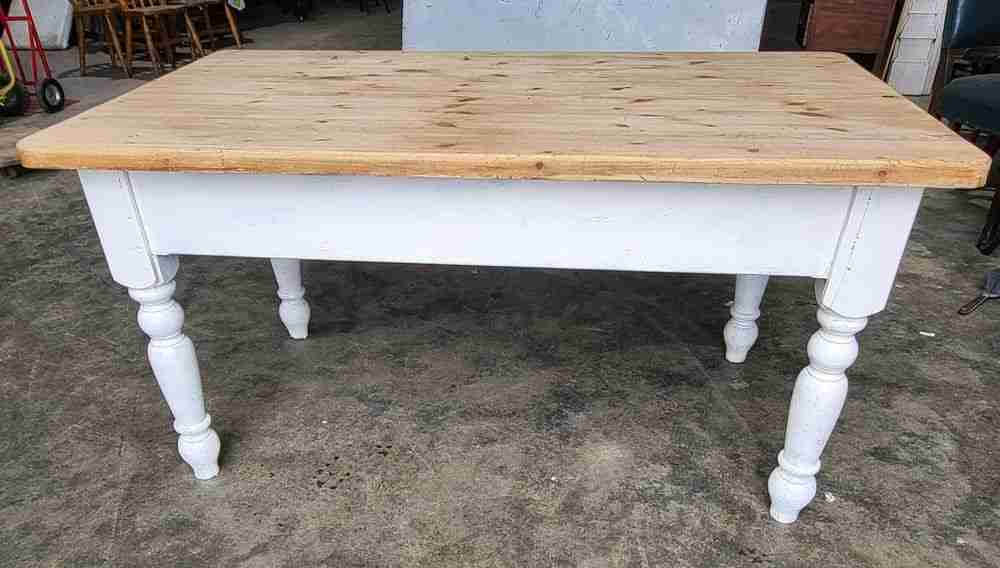 20thC pine  kitchen dining table white legs drawer seat 6