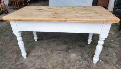 20thC pine  kitchen dining table white legs drawer seat 6
