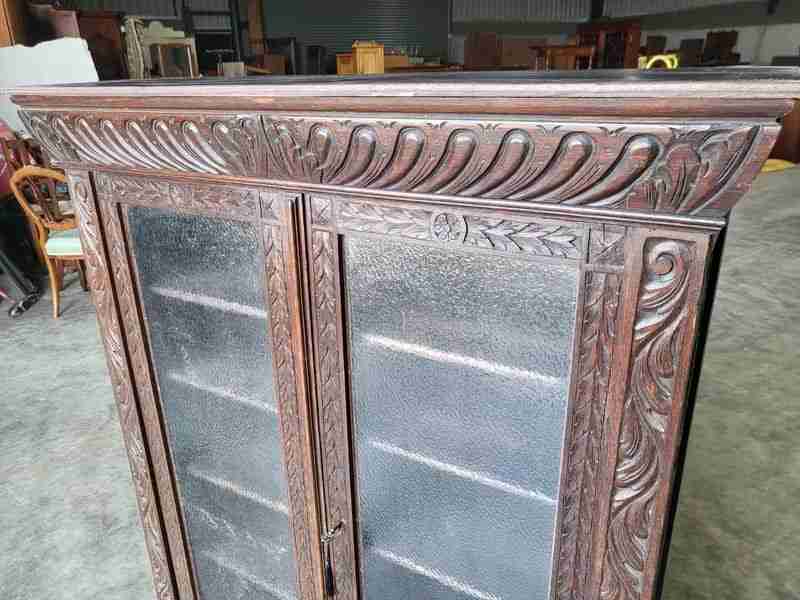 Antique dark oak carved ornate 2 door glazed bookcase cabinet