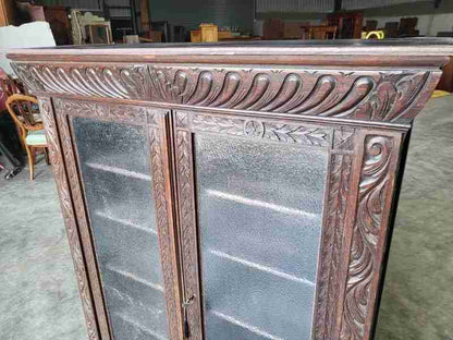 Antique dark oak carved ornate 2 door glazed bookcase cabinet