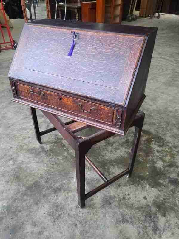 Antique Victorian oak bureau desk legs castors drawers