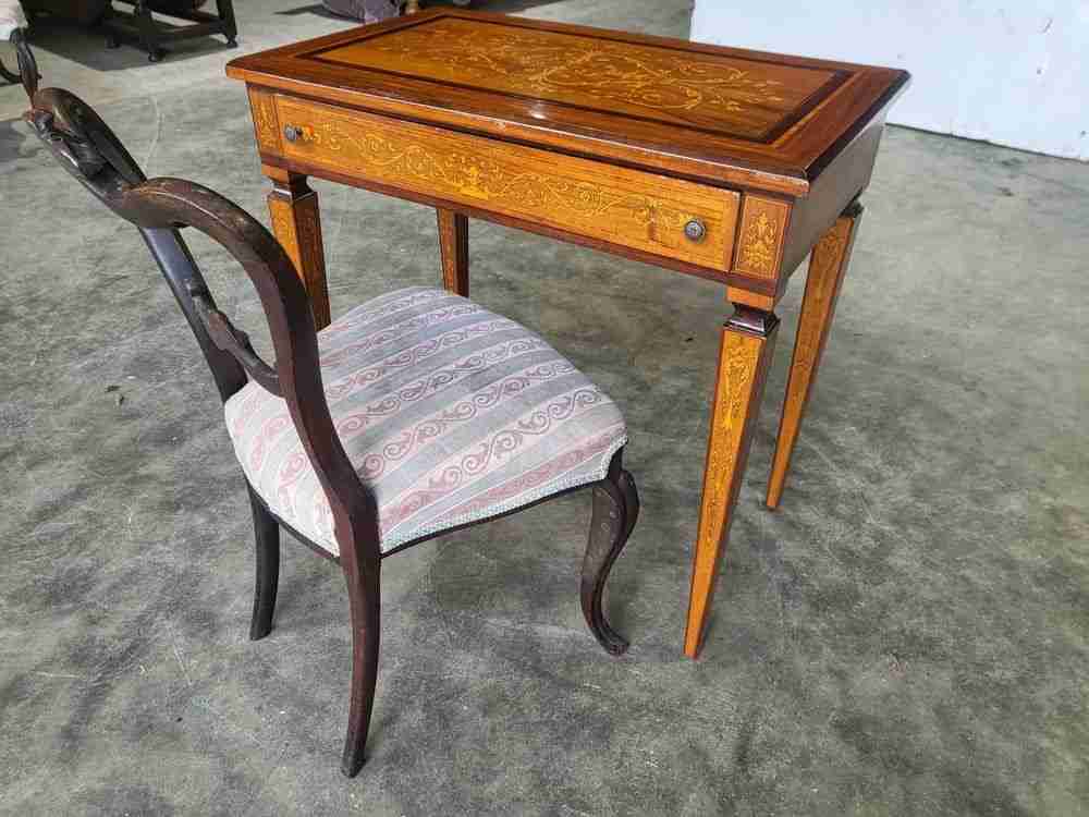 Sheraton revival antique inlaid writing desk drawer table