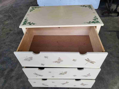 Small painted chest of drawers butterfly decoration 3 drawers