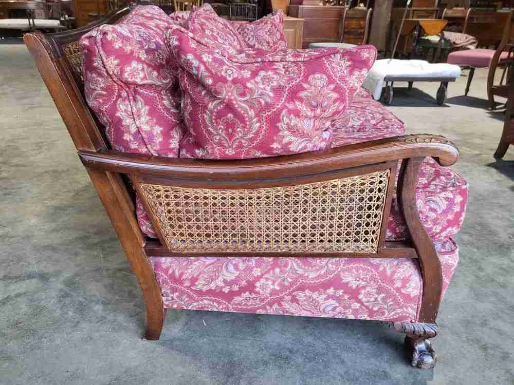 Antique 3 piece suite  20thC bergere sofa 24 feather cushions 2 bergere armchair