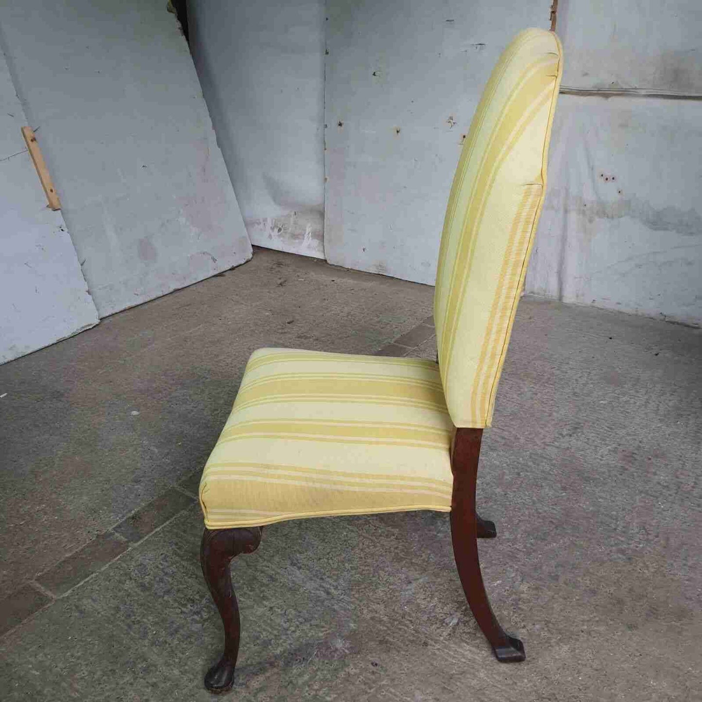 20thC  Antique Upholstered High Back Chair Cabriole Legs Yellow Padded