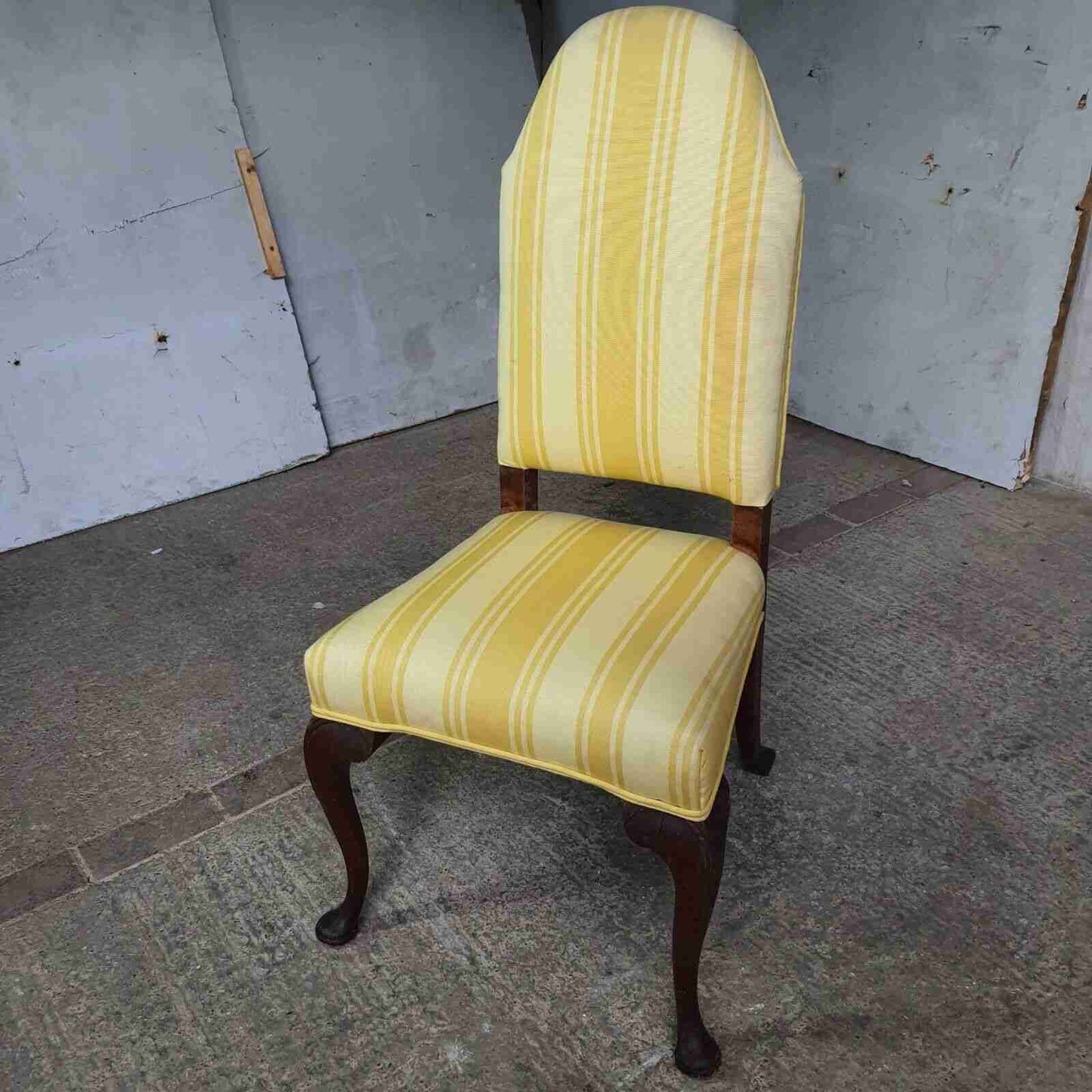20thC  Antique Upholstered High Back Chair Cabriole Legs Yellow Padded