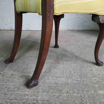20thC  Antique Upholstered High Back Chair Cabriole Legs Yellow Padded
