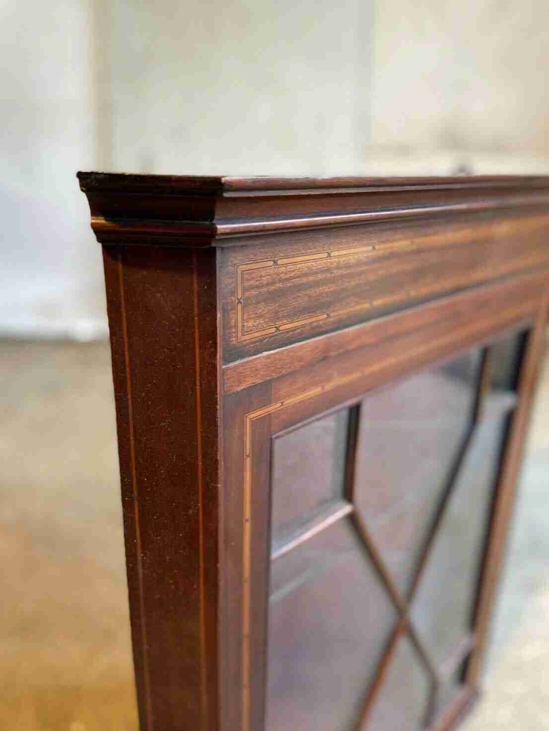 20thC Glazed Mahogany Wall Corner Cabinet Inlaid 2 Glass Shelves
