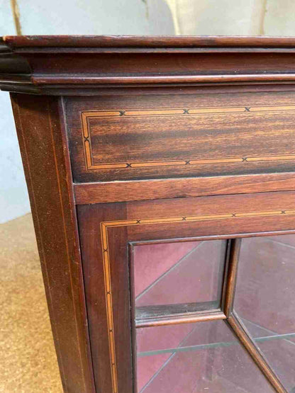 20thC Glazed Mahogany Wall Corner Cabinet Inlaid 2 Glass Shelves