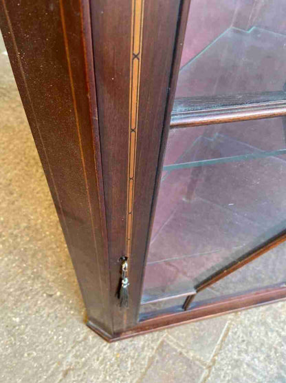 20thC Glazed Mahogany Wall Corner Cabinet Inlaid 2 Glass Shelves