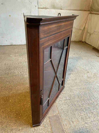20thC Glazed Mahogany Wall Corner Cabinet Inlaid 2 Glass Shelves