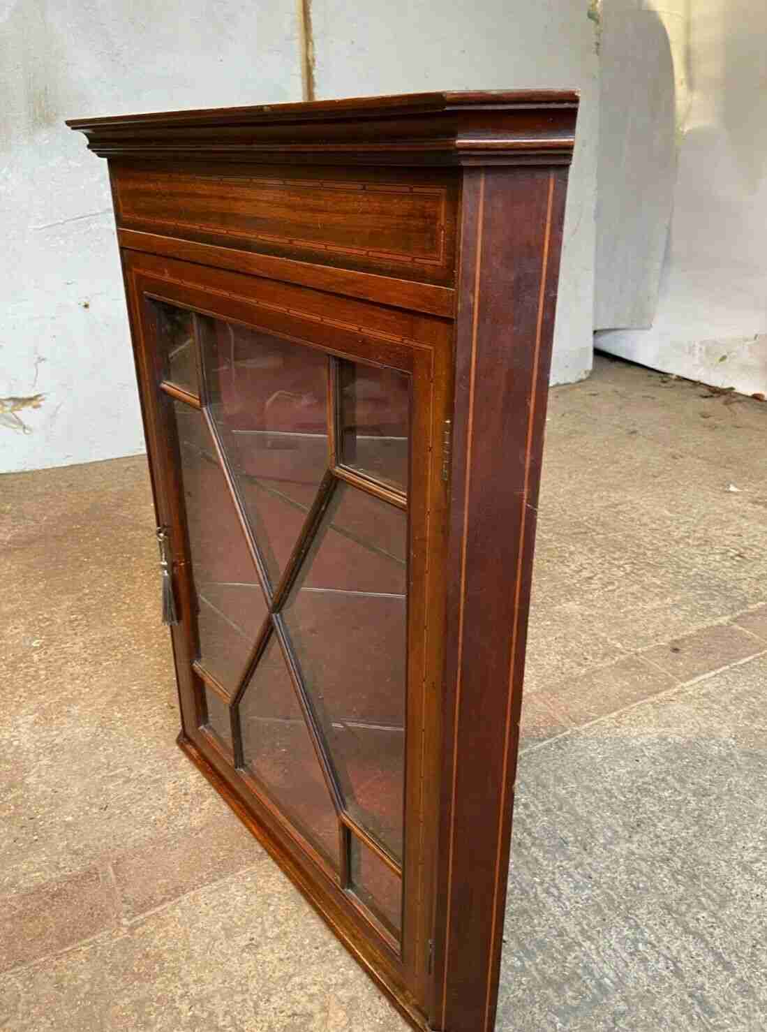 20thC Glazed Mahogany Wall Corner Cabinet Inlaid 2 Glass Shelves