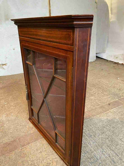 20thC Glazed Mahogany Wall Corner Cabinet Inlaid 2 Glass Shelves