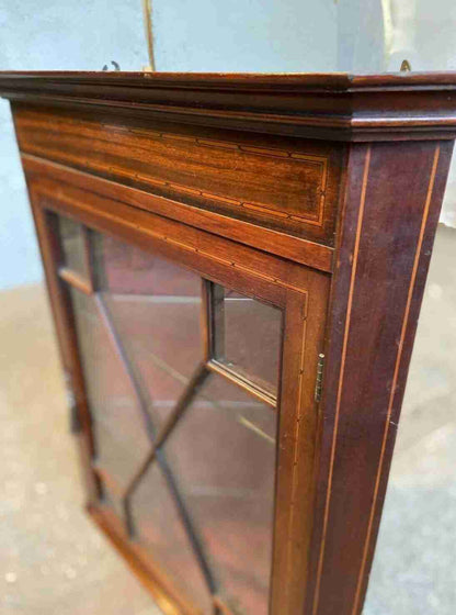 20thC Glazed Mahogany Wall Corner Cabinet Inlaid 2 Glass Shelves