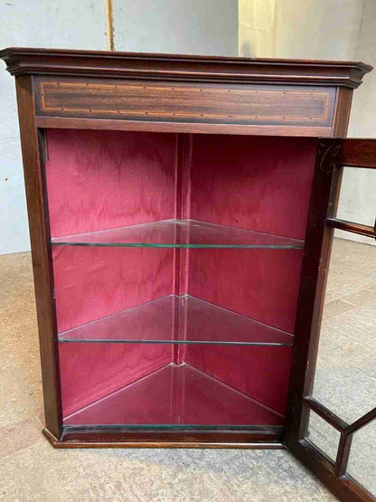 20thC Glazed Mahogany Wall Corner Cabinet Inlaid 2 Glass Shelves