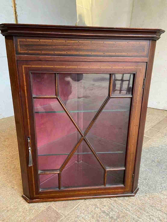 20thC Glazed Mahogany Wall Corner Cabinet Inlaid 2 Glass Shelves