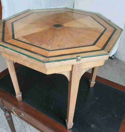 20thC hexagonal small walnut marquetry side end coffee table glass top spade feet
