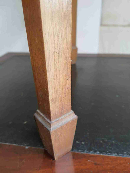 20thC hexagonal small walnut marquetry side end coffee table glass top spade feet