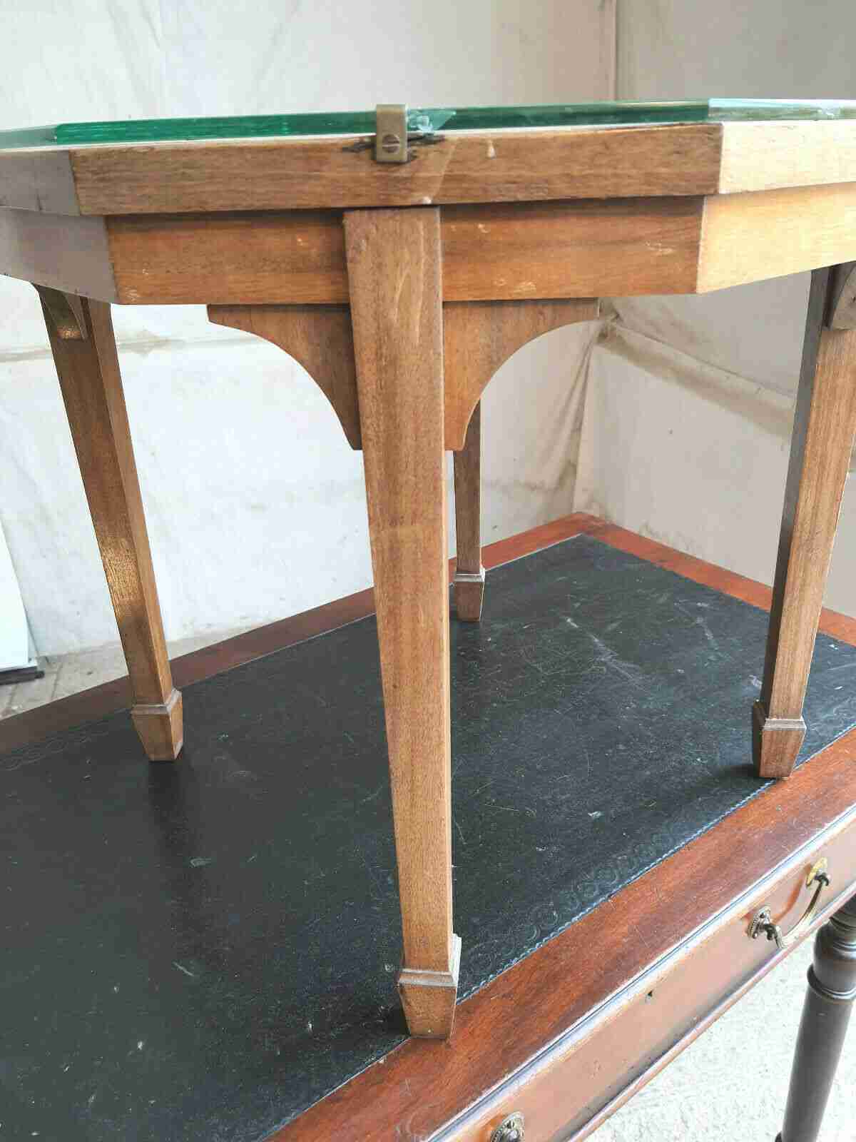 20thC hexagonal small walnut marquetry side end coffee table glass top spade feet