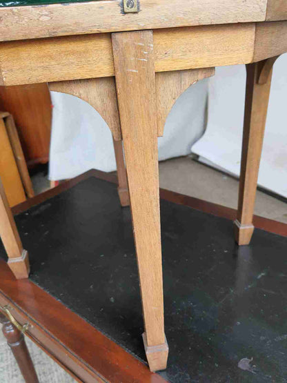 20thC hexagonal small walnut marquetry side end coffee table glass top spade feet