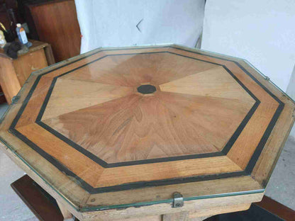 20thC hexagonal small walnut marquetry side end coffee table glass top spade feet