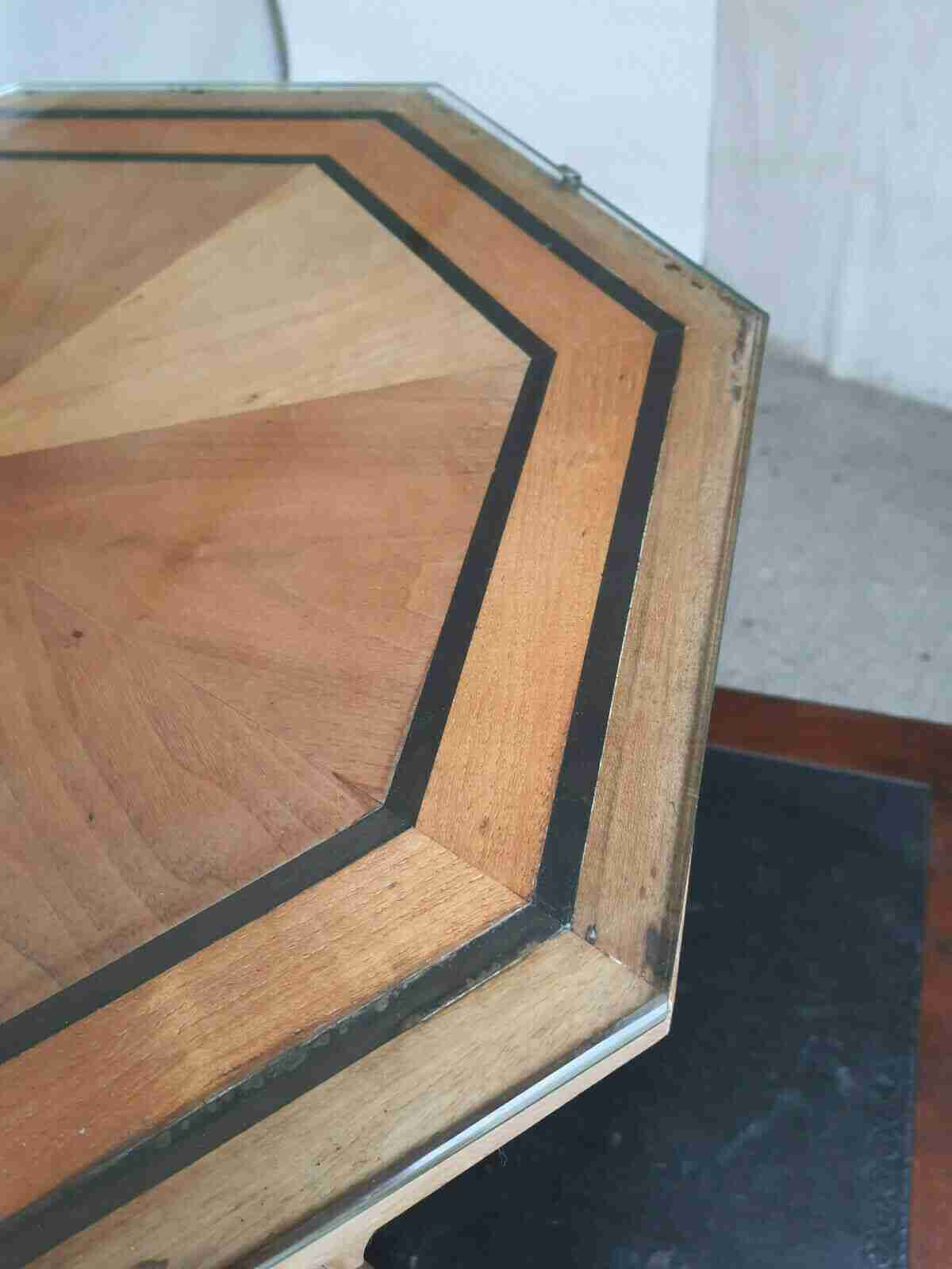 20thC hexagonal small walnut marquetry side end coffee table glass top spade feet