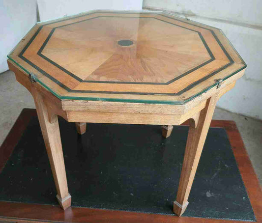 20thC hexagonal small walnut marquetry side end coffee table glass top spade feet