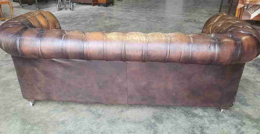 Antique repro button back 3 seat  brown leather Chesterfield  sofa