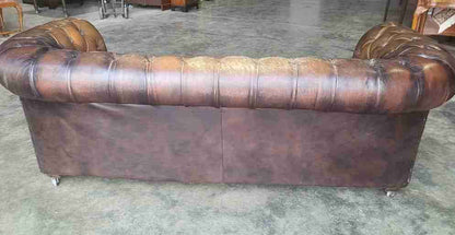 Antique repro button back 3 seat  brown leather Chesterfield  sofa