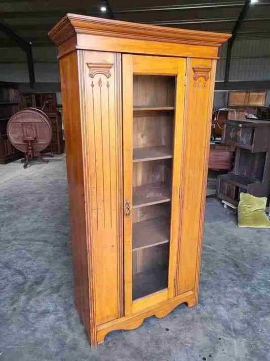 Antique Edwardian tall slim walnut glazed linen press cupboard bookcase
