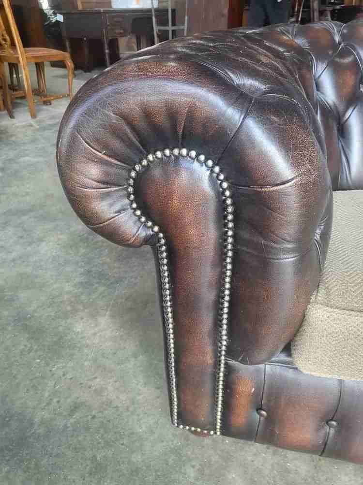 Antique repro button back 3 seat brown leather Chesterfield  sofa